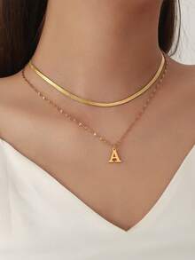 女士双层不锈钢项链，26个金银字母，欧美时尚风格，珠宝批发
