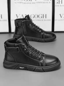 秋季男士高帮靴休闲皮靴百搭英伦复古靴（鞋面线条图案随机，条纹随机，字母随机，鞋舌字母和图案随机）