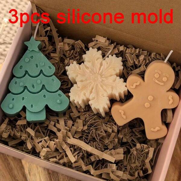 1 pieza/Set de 3 moldes de vela de silicona con diseños de árbol de pino, hombre de jengibre y copo de nieve, en estilo de dibujos animados lindos para hacer manualidades con yeso, arcilla o resina como regalo de pareja para vacaciones y decoración navideña