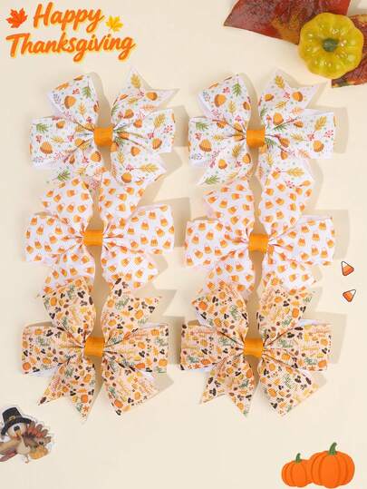 6 件感恩节风车发饰，适合女孩，糖果玉米，橡果火鸡印花蝴蝶结，鳄鱼夹，可爱的感恩节派对发夹，可爱甜美的节日发夹，精致的发夹，青少年发饰