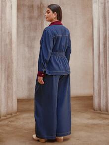 Sollinarry 2 st plus size kvinnor denim kontrastfärgad knapp framtill i midjan med fickdekor, jacka, topp och byxor, höst/vinter - Denimblå - Visa 8