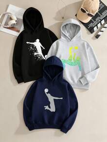 3pcs/Set Tween Boy Casual Printed Hooded Sweatshirts, Thick Thermal Lined Long Sleeve Pullover Tops For Students, Autumn/Winter - Multicolor - View 2