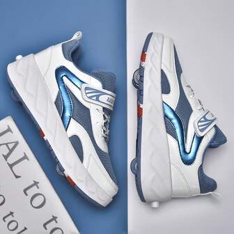 Detachable 4-Wheel Roller Skates, Lightweight & Stable All-Season Indoor/Outdoor Rollerskates, Suitable For Beginners, Training And Leisure Wear For Boys And Girls - Fashionable PU/Fabric Upper, Wavy Sole And Colorful Wheels Design - All-Weather Suitable - Easy On And Off, Roller Sports Shoes