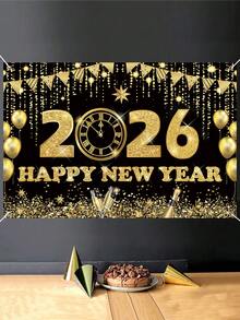 1pc 2026 Happy New Year Party Backdrop, Black & Gold Polyester Background Cloth, 2026 New Year Celebration Party Decor, Home Decor, Room Decor, Wall Hanging Banner, Garden Flag, New Year Hanging Decoration, New Year Gift, 2026 New Year Decoration - New Year Black Gold E - View 7