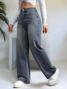 Straight Leg Loose Casual Jeans With Pockets, Versatile For Teenage Girls - Medium Wash - View 4