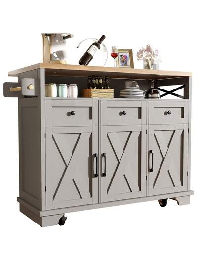Sairedel Mobile Kitchen Isl Wheels Wood Grain 118x43 80x98 Cm, Grijs Multifunctional Storage Space, Removable Dividers Towel Rack Practical Dining Cart Cabinet view 4