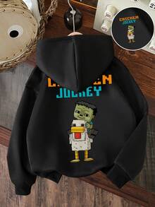 Young Boy Cartoon Pattern Warm Sweatshirt - Black - View 1