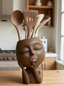 1pc Cute Face Shaped Resin Utensil Holder For Kitchen Counter, Boho Aesthetic Tableware Organizer Storage Container For Chopsticks, Spoons, Forks, Creative Decorative Kitchen Decor With Artistic Design, Functional & Stylish Organizer For Dining Table, Ideal Gift For Housewarming, Kitchen Decorations Lovers(Please Check The Size Carefully Before Purchasing.)
