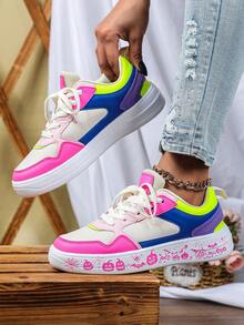 多巴胺风格拼色网眼拼布平底滑板鞋，舒适百搭，独特时尚万圣节限量版蜘蛛、南瓜、蝙蝠粉色涂鸦，低帮系带，防尘透气休闲运动鞋，适合女士 - 粉紅藍玫紅底白粉 - 查看 3