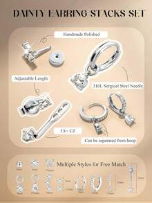 11Pairs Hypoallergenic Flat Back Earrings For Women -Silver Surgical Steel Earring Stacks Set | Small Stud & Hoop For Cartilage, Helix, Tragus | Multiple Piercing Comfort Jewelry Silver - 銀色 - 查看 2