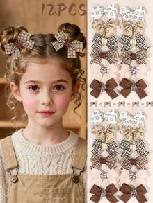 12 Stücke lässige Haarschleifen-Clips für Mädchen, karierte Schleifenspangen, braune Haarclips, Herbst Haaraccessoires, Mädchen Haaraccessoires für den Alltag