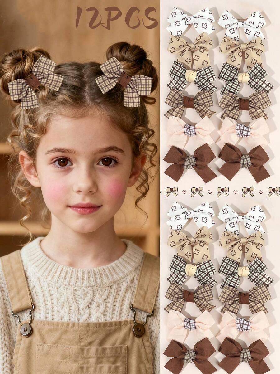 12 Stücke lässige Haarschleifen-Clips für Mädchen, karierte Schleifenspangen, braune Haarclips, Herbst Haaraccessoires, Mädchen Haaraccessoires für den Alltag