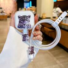 Set da 5 pezzi di manicotti protettivi con fiocco/stampa leopardata per caricabatterie standard britannico da 20W, organizer per cavi, avvolgicavo