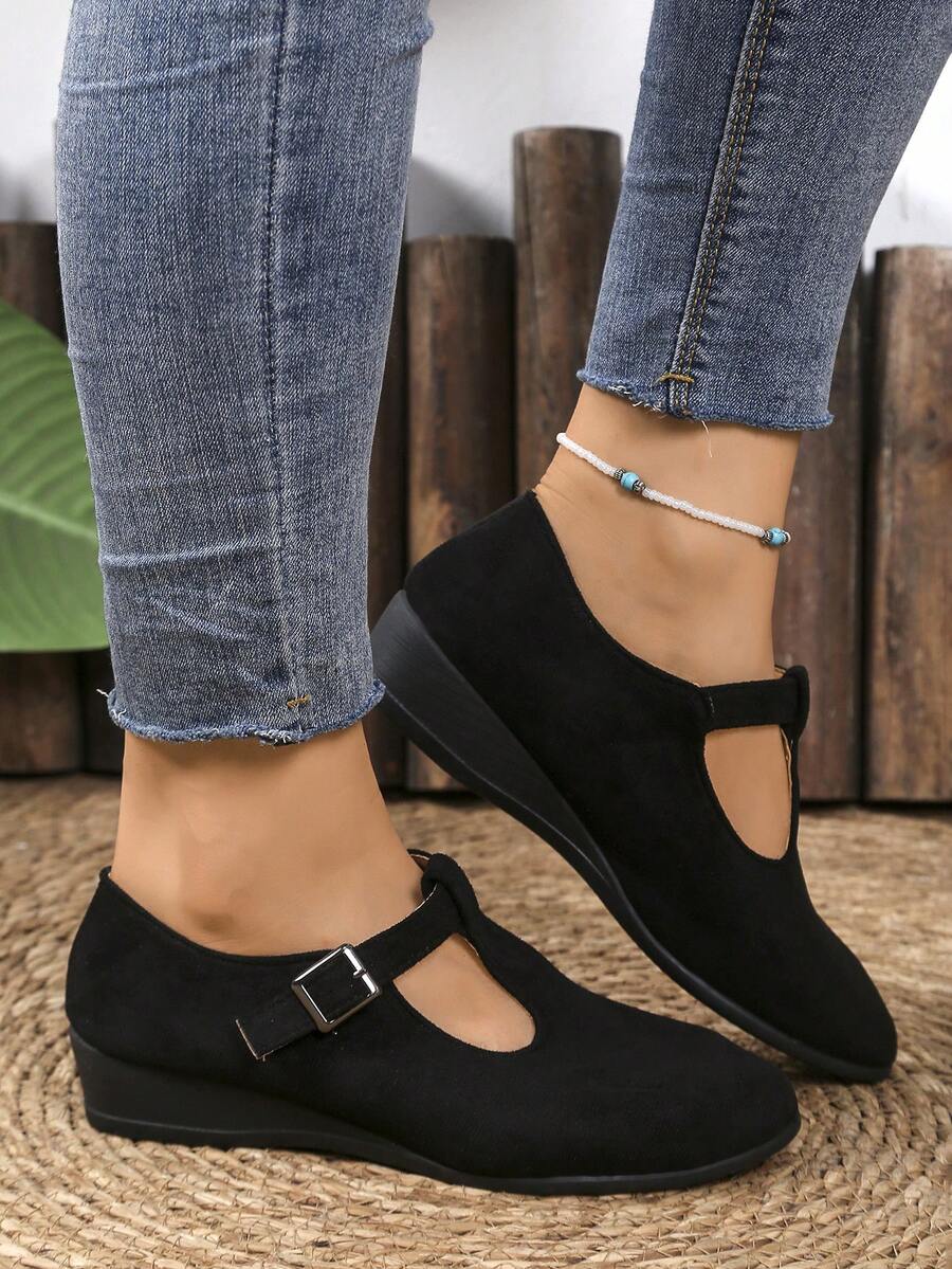 Women's Retro Style Solid Color Thick Sole Comfortable Suede Buckle Design Wedge Round Toe Flats, Suitable For Spring And Autumn