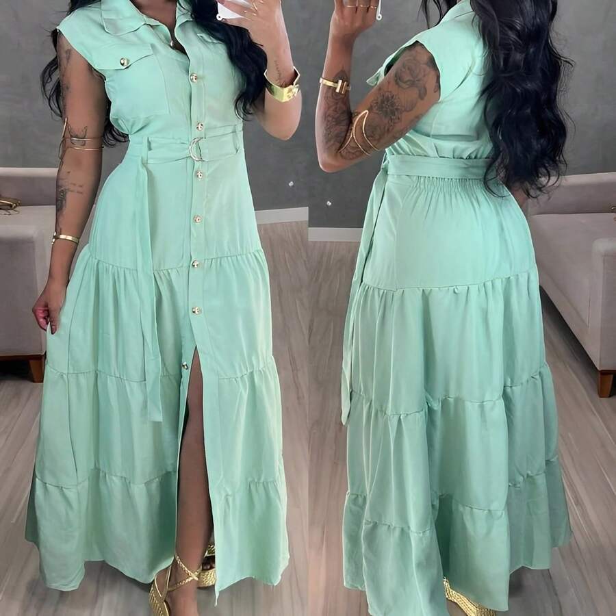 Long Chemise Dress With Buttons And Sash Belt – Elegant And Modern - 綠色 - 查看 1