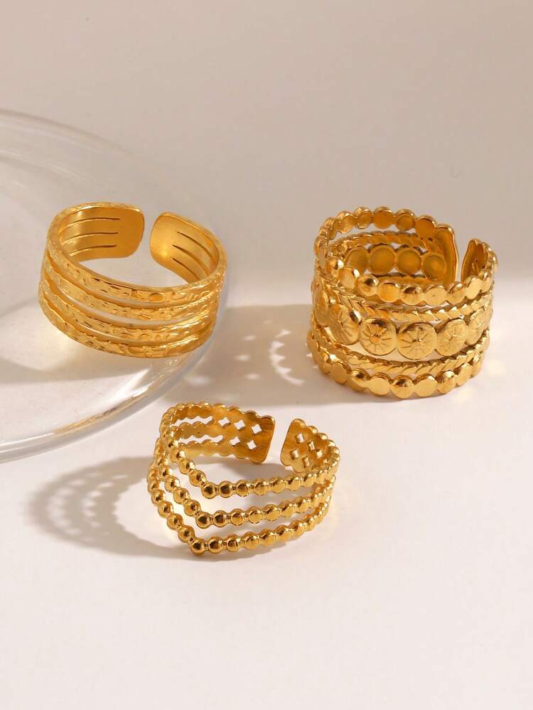 3pcs/Set Stainless Steel Minimalist Geometric Circle Line Design Rings Set, Suitable For Women's Daily And Party Wear - Multicolor - View 3