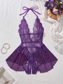 AESKEIA 女士性感内衣，蕾丝边情趣连衣裙，贴身衣物，紧身衣 - 紫色 - 查看 9