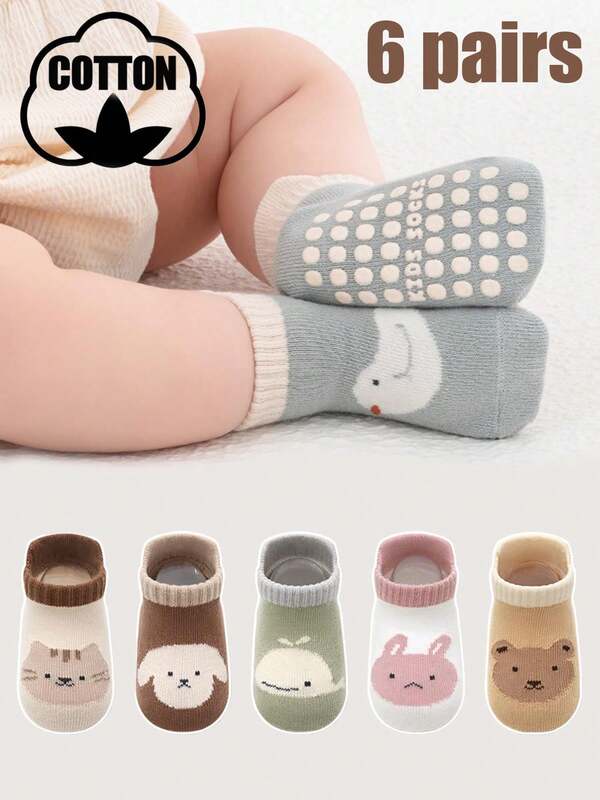 6 Paar Baby/Kleinkind Antirutsch Socken, Kindersocken, Babysocken, Lauflern-Socken für Kleinkinder, ganzjährig, Jungen/Mädchen, weiches & bequemes Material, Cartoon Muster