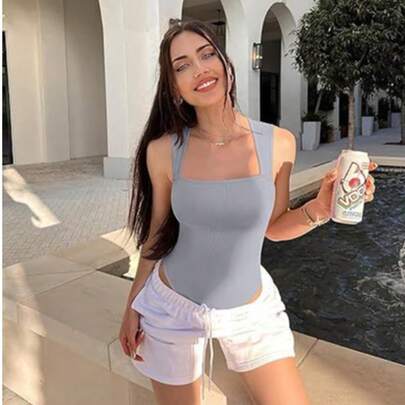 1pc Square Neck Solid Bodysuit high elastic tight suspender bodysuit