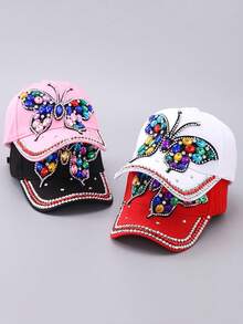 Nueva gorra de béisbol de mezclilla con mariposa de rhinestone, sombrero casual versátil para exteriores, protección UV