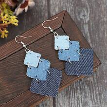 Diamond Gradient Color Matching Denim Style Geometric Splicing Multi-Layer PU Leather Personality Niche Temperament Ladies Earrings - Màu xanh lam - Xem 2