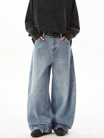 1pc Hearty Haven Casual Loose Fit Straight Leg Jeans, Unisex Versatile College Style (No Accessories - Size Guide Included)