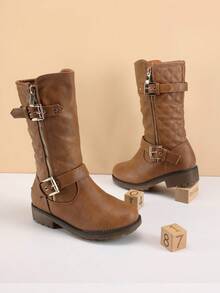 Girls' Knee-High Winter Motorcycle Boots | Faux Fur Lined | Cold Weather Riding - Bronze - View 1