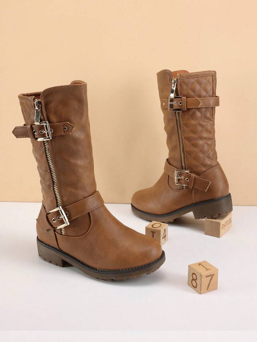 Girls' Knee-High Winter Motorcycle Boots | Faux Fur Lined | Cold Weather Riding - Bronze - View 1