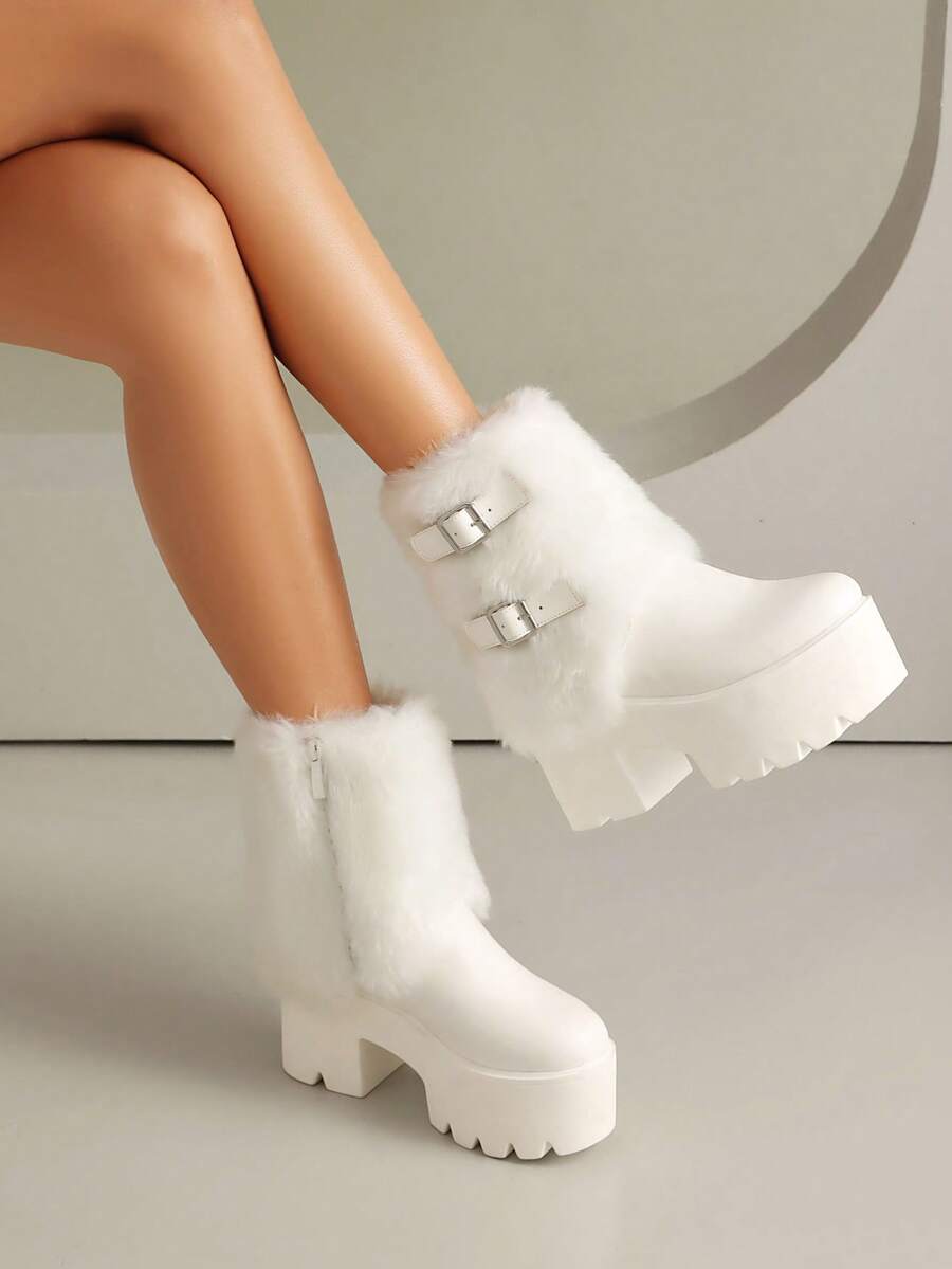 时尚厚底防水人造毛皮靴，女士侧拉链中筒靴，厚底圣诞踝靴 - 白色 - 查看 1