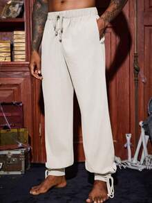 Men's Medieval Viking Pirate Pants Banded Ankle Lace Up Cotton Renaissance Gothic Halloween Costume Trousers - Beige - View 2