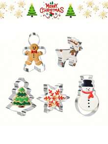 Conjunto de 5 cortadores de biscoitos de Natal, moldes para biscoitos de inverno, combinação de moldes para assar em Natal, confeitaria, biscoitos de fondant, boneco de gengibre, árvore de Natal, moldes para biscoitos de confeitaria para o Natal, decorações de Natal, pijamas de Natal, presentes de Natal, decoração de Natal - Prata - Ver 2