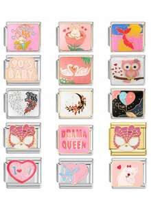 DIY 魅力弹性手链，不锈钢单模块配件，用于创建个性化手链 DIY 套件，适合所有人的意大利时尚单品，丰富多彩的图案包括猫、猫头鹰、天鹅和小狗心形珠宝用品 - 彩色 - 查看 8