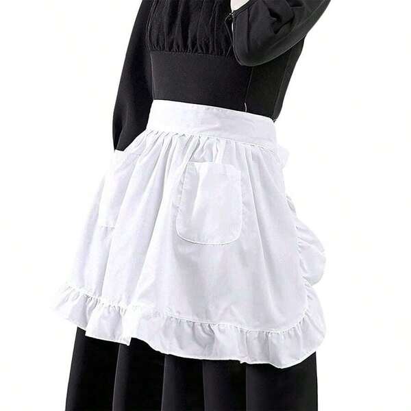 Womens Waist Apron With Pockets Retro Kitchen Cleaning Ruffles Half Apron,Retro Lace Maid Costume Half Apron,Adjustable Kitchen Cooking Apron For Girls