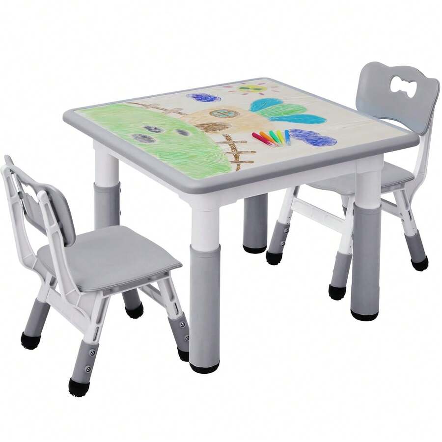 Kids Table With 2 Chairs, Children's Seating Height Adjustable, Painting Table Chair Set, For Boys And Girls From 3 Years, Square Table - Grey - View 1