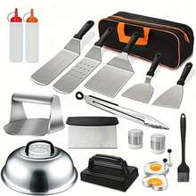 Kit de Accesorios para Plancha de 18 Piezas - Juego de Herramientas para Barbacoa de Acero Inoxidable con Espátulas, Raspador y Cubierta para Hornear para Blackstone y Chef de Camping al Aire Libre - Plateado - Ver 2