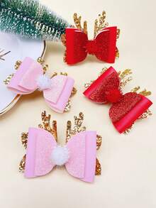 2pcs Christmas Deer Antler Bow Pom Pom Hair Clips, Children Christmas Holiday Costume Hair Accessories, Glitter Duck Clip, Suitable For Daily Outfit And Gift Matching