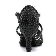 7.5cm Heels Pearl & Rhinestone Satin Soft Sole Latin Dance Shoes For Women Ballroom Modern Tango Performance Shoes Black Ladies Diamond Party Shoes