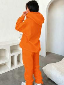 女款兩件式運動服，100%棉質運動衫，有口袋套裝，秋冬裝純色寬鬆連帽運動衫和束腳休閒長褲，舒適 柔軟透氣長袖上衣，街頭服飾 學院風女裝，，日常外出，居家休閒女裝 - 橘紅色 - 查看 2