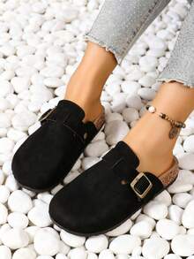 Women's Suede Mule Slippers, Casual Shoes, Flat Slippers, With Metal Buckle Decoration, Round Toe, Non-Slip Rubber Sole, Suitable For Spring And Summer Home Wear And Outdoor Vacations - màu đen - Xem 6
