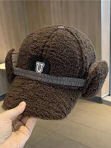 Classic Solid Color New Sherpa Baseball Cap With Ear Flaps For Women, Versatile Embroidered U Letter Fashion Snapback Hat, Polyester Fiber Embroidery Decor, Suitable For Autumn/Winter Street Party