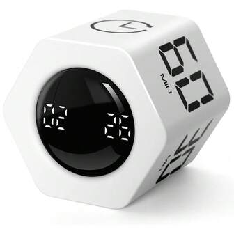 SULVGO Ticktime Pomodoro Productivity Timer Cube, Hexagon Flip Clock, Pause & Resume, Mute & Adjustable Sound Alert, For Work, Office, ADHD, Study, Task, 1/5/10/30/60/Min & Custom Countdown-White