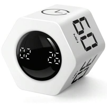 SULVGO Cubo temporizador de produtividade Ticktime Pomodoro, relógio flip hexagonal, pausa e retomada, alerta sonoro ajustável e mudo, para trabalho, escritório, TDAH, estudo, tarefa, 1/5/10/30/60 min e contagem regressiva personalizada - branco