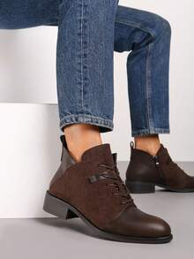 Classic Lace-Up Flat Ankle Boots - Women's Casual Winter Boots - Brown - View 1