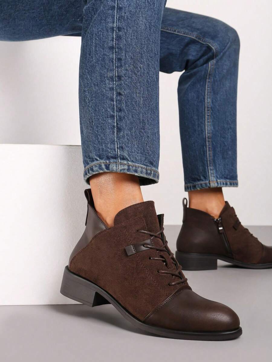Classic Lace-Up Flat Ankle Boots - Women's Casual Winter Boots - Brown - View 1
