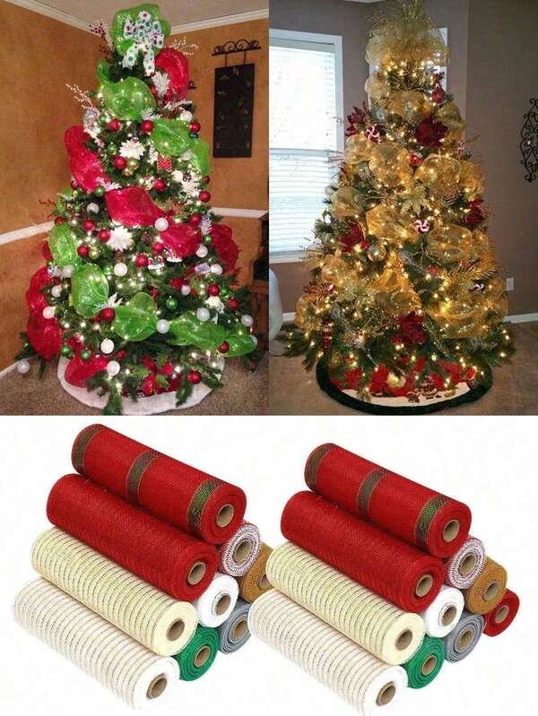 1 Roll Of Christmas Decoration Ribbon, Size 10, 26cm DIY Flower Wreath Bow Gold/Silver Ribbon, Christmas Party Gift Packaging Supplies Ribbon, Birthday Wedding Holiday Party Background Decoration Gauze, Christmas Tree Decoration Ribbon, Winter Home Decoration, Room Decoration, Christmas Decoration, Christmas Gifts, Party Gifts, 2026 Happy New Year Decoration, Flower Shop Flower Packaging Materials, Holiday Decoration Mesh