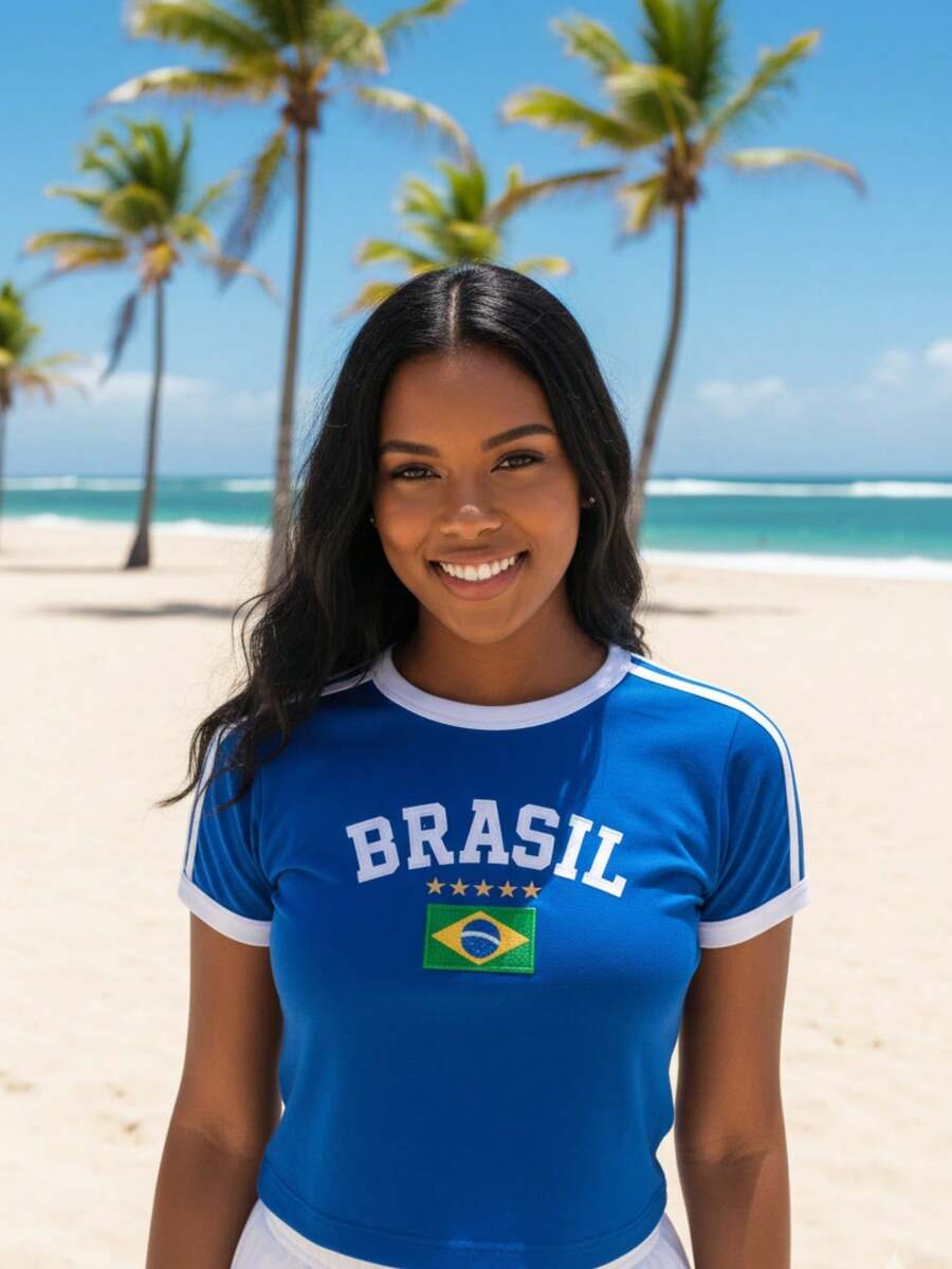 Women's Brazil Shirt Baby Look Embroidered Without State - 寶藍色 - 查看 1