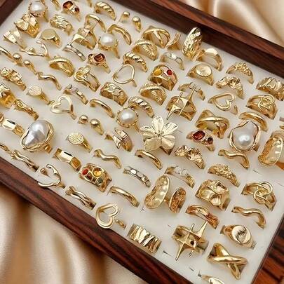 20 件/包奢华人造珍珠镶嵌合金女士戒指套装，夸张花朵和心形混合款式，可调节开口戒指，适合派对、婚礼、日常佩戴、时尚珠宝礼物，随机搭配