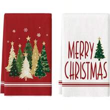 2 Buah Handuk Dapur Motif Pohon Natal Merah Putih, Handuk Piring Penyerap dengan Cetakan Huruf Selamat Natal & Kepingan Salju, Handuk Teh Dekorasi Liburan Natal untuk Dapur dan Dekorasi Rumah - Merah - View 2