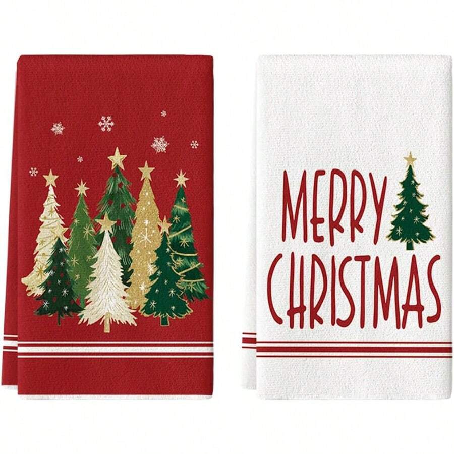 2 Buah Handuk Dapur Motif Pohon Natal Merah Putih, Handuk Piring Penyerap dengan Cetakan Huruf Selamat Natal & Kepingan Salju, Handuk Teh Dekorasi Liburan Natal untuk Dapur dan Dekorasi Rumah