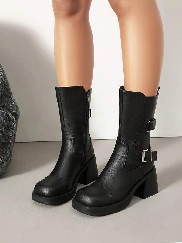 Damen Ankle Boots mit dicker Sohle, Seitlichem Reißverschluss und Metall-Schnalle, Plateauabsatz, Schlupfeinstieg, Elastisch, Klassische Socken-Boots, Gogo Motorrad-Stiefel, Bequeme Damen Motorrad-Stiefel, Schwarze Kurzstiefel